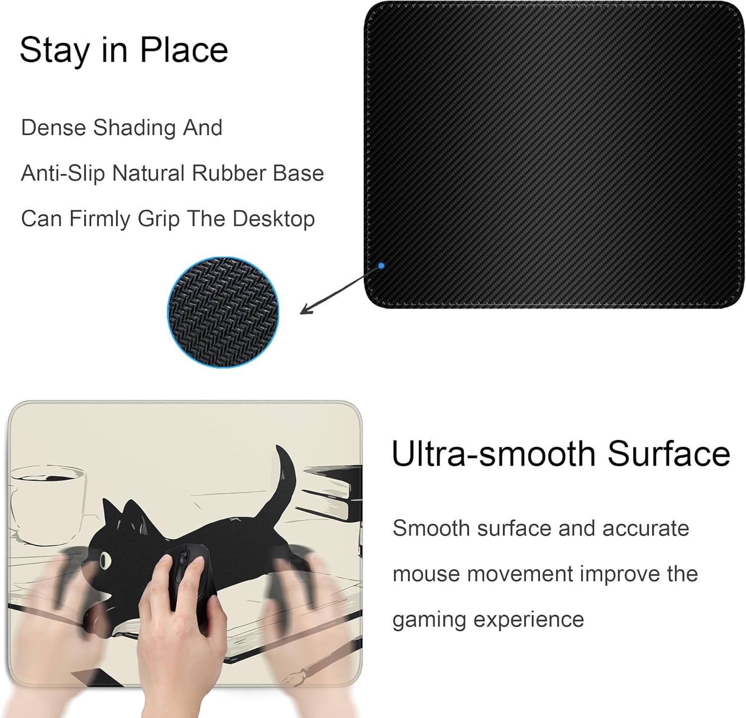 Cute Black Cat Mouse Pad,Kawaii Anime Cat Mouse Pads for Wireless Mouse Desk Accessories,10"X8" Travel Mousepad with Non-Slip Rubber Base, Stitched Edge Mouse Pads for Desk,Computers,Laptop,Office - Image 5